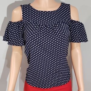 Monteau • Navy Polka Dot Cold Shoulder Blouse Sz:M